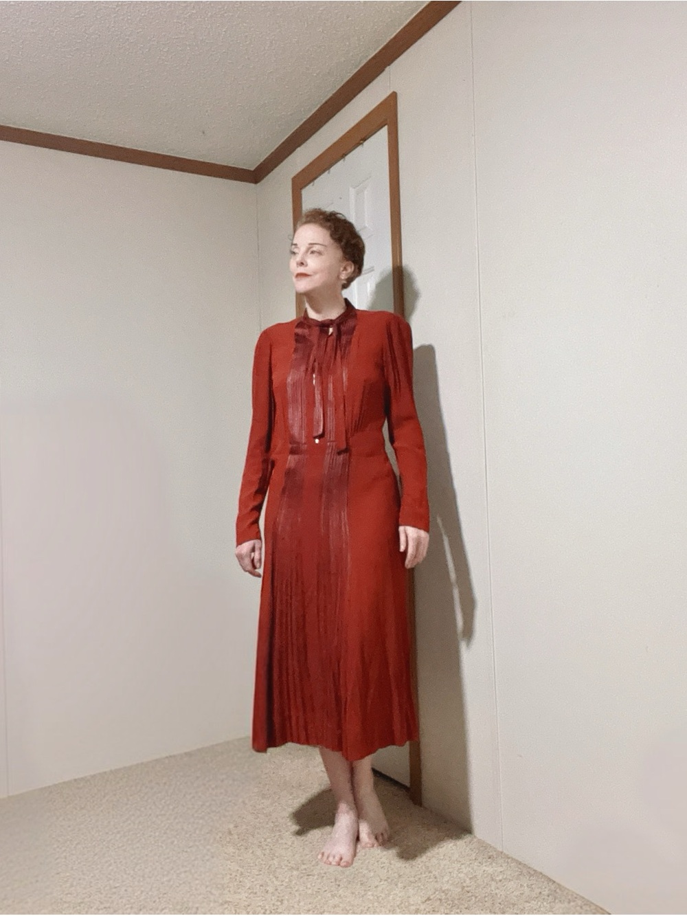 1930’s/40’s Women's Burnt Orange/ Umber Long-Sleeve Crepe Dress with Tie Neck